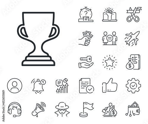 Winner Trophy symbol. Salaryman, gender equality and alert bell outline icons. Award cup line icon. Sports achievement sign. Award cup line sign. Spy or profile placeholder icon. Vector
