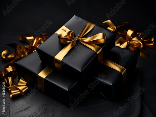 Black gift boxes with gold bow on black background. Copy space.