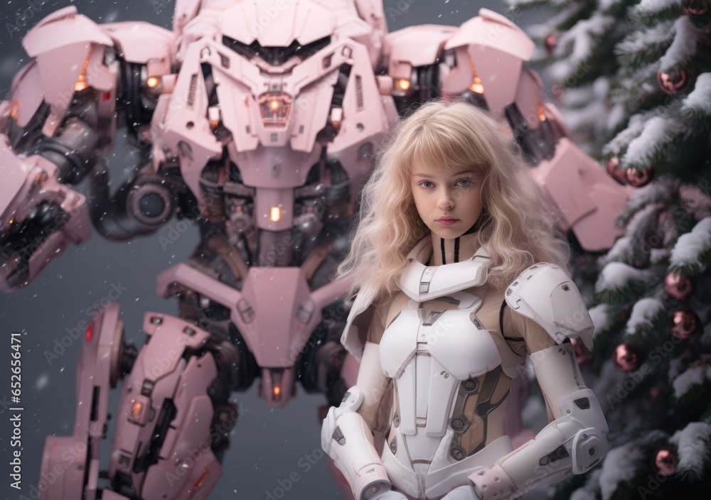 On a chilly winter day, a woman stands in her festive holiday garb next to a whimsical robot, a reminder of the joy and hope that comes with the christmas and new year season On a chilly winter day, a woman stands in her festive holiday garb next to a whimsical robot, a reminder of the joy and hope that comes with the christmas and new year season