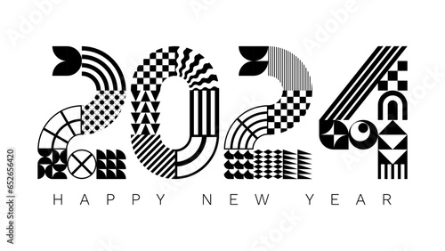 2024 modern geometric lettering New Year card. Memphis style typeface.