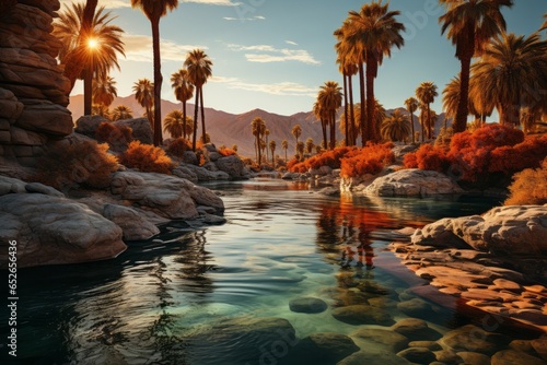 Stunning desert oasis with palm trees, Generative AI