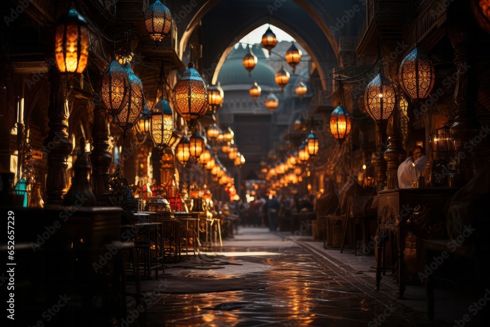 Obraz premium Vibrant Egyptian bazaar bustling with shoppers, Generative AI