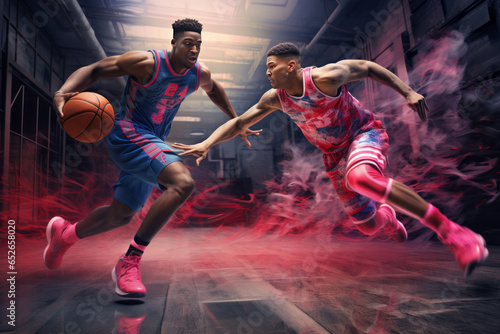 バスケットボールの1on1をしている2人の男性のプロバスケットボールプレイヤー © PhotoSozai