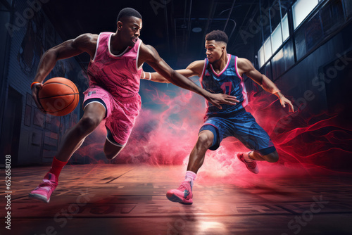 試合中にドリブルをしながら向き合うディフェンスとオフェンスの2人の男性のプロバスケットボール選手 © PhotoSozai