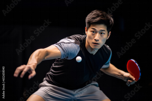試合中に相手コートへスマッシュしようとしているプロの卓球選手(日本人男性) photo