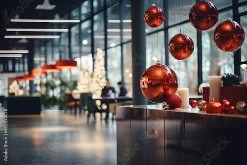 An abstract blurred office pantry interior background, featuring a modern and minimalist Christmas setup with sleek decorations. Capture the holiday innovation. 