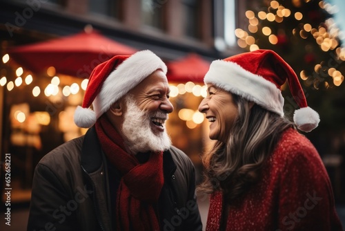 A happy man and woman dressed in festive red santa hats stand outdoors in the snow, celebrating the joy of the holiday season and ushering in the new year photo