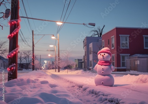On a snowy winter night, illuminated by the soft glow of holiday lights, a snowman stands proudly on the street in front of a house adorned with a festive tree, beckoning passersby to celebrate the j photo
