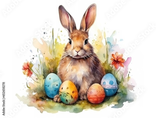 Watercolor bunny rabbit and Easter eggs