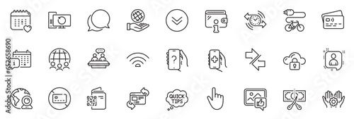 Icons pack as Card, Refresh website and Global business line icons for app include Chat message, Cursor, Employee hand outline thin icon web set. Scroll down, Electric bike. Card outline sign. Vector