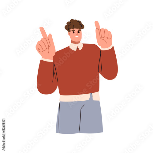 Happy smiling man pointing up with fingers. Business person employee, office ...
