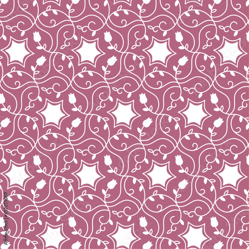 flower arabesque 花唐草　シームレス　模様　ベクター　花　草　葉　ピンク　装飾　壁紙　布　包装　テキスタイル　インテリア　ファブリック
