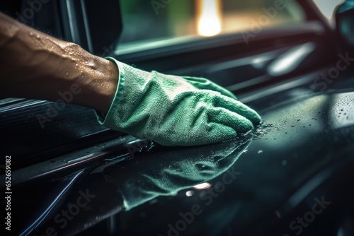 Hand of worker cleaning car with microfiber cloth and sponge. auto cleaning service clean car inside, AI Generated