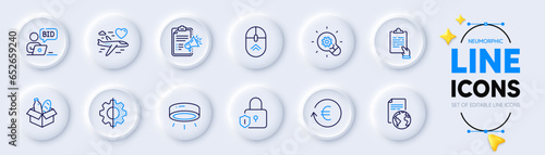 Clipboard, Swipe up and Lock line icons for web app. Pack of Led lamp, Translation service, Food donation pictogram icons. Megaphone checklist, Transform, Honeymoon travel signs. Vector