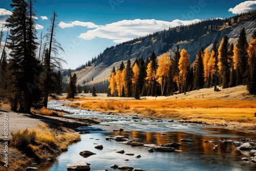 Colorful autumn landscape with mountain river and yellow larch trees. Autumn landscape in Yellowstone, Wyoming, USA, AI Generated