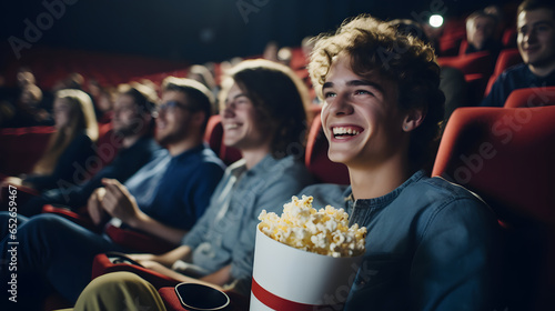 Cheerful young man watching movie at cinema and eating popcorn