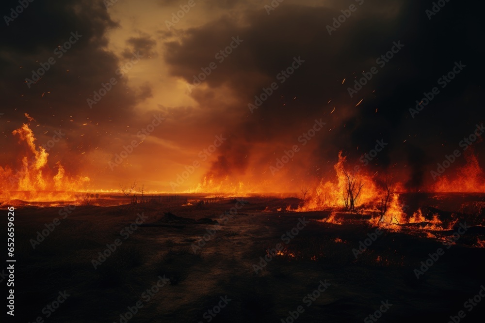 A fire in the steppe, burning grass, destroying everything in its path