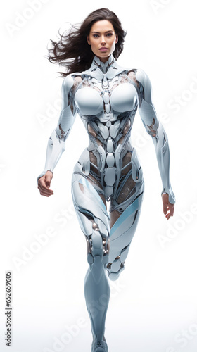 Human woman with robot body parts Running to carry out a mission to help light in movie style. white background unreal engine.