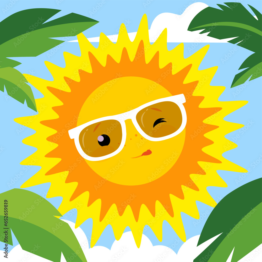 Cute cartoon sun with glasses on a background of palm trees. Vector illustration