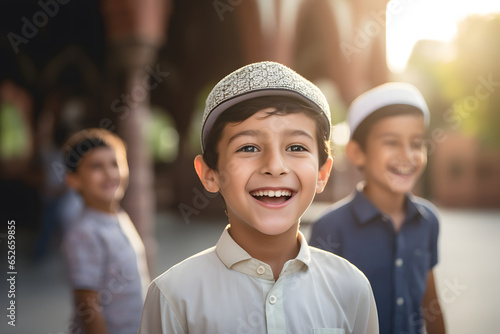 Portrait of Muslim boys playing in front of mosque