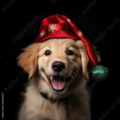 On a cozy winter night, a furry four-legged friend celebrates the holiday season with a festive red santa hat, bringing joy and cheer to all photo