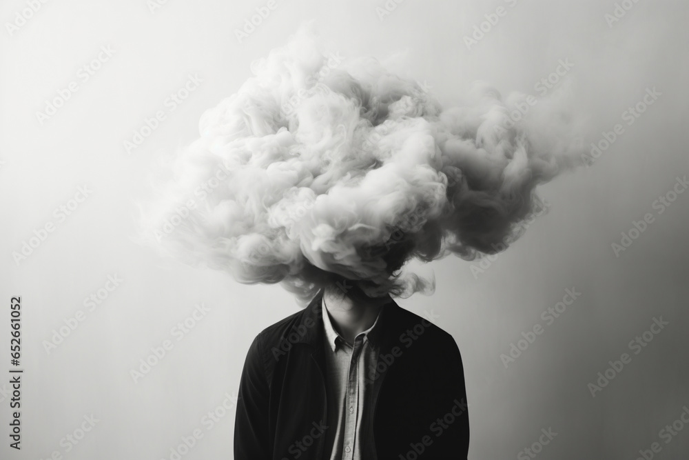 depression concept: man with a dark cloud covering his head on a white background