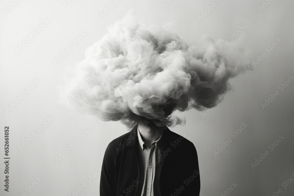 depression concept: man with a dark cloud covering his head on a white background depression concept: man with a dark cloud covering his head on a white background