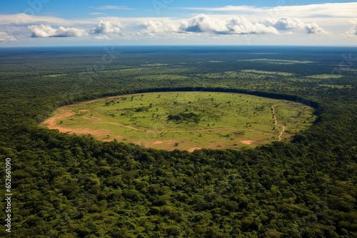 Aerial view of Xingu indigenous park border and soybean farms in the Amazon rainforest, Brazil. Deforestation, agriculture, global warming, environment. Generative AI photo