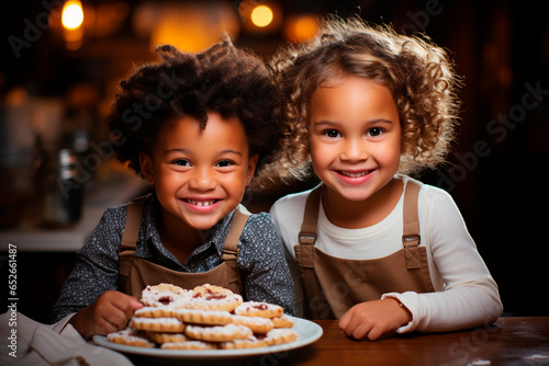 Generative AI image of portrait of cute smiling African American child cooks in aprons looking at camera while standing at kitchen table with cookies against blurred interior in light