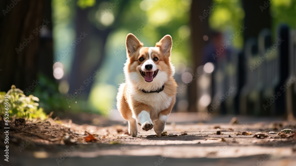 Fototapeta premium Happy corgi dog pembroke welsh corgi running outdoor in autumn park.