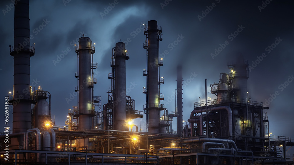 Fototapeta premium oil refinery pipe panorama, gloomy atmosphere, environmental pollution, ecology, carbon footprint