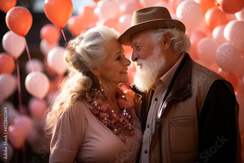 AI generated illustration of side view senior loving couple in stylish clothes looking at each other happily on backdrop of pink balloons