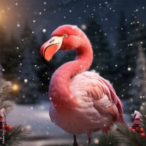 On a winter's night, a vibrant pink flamingo stands in a picturesque forest, its red beak contrasted against the snow-covered trees and reminding us of the joy of the holidays and the beauty of natur