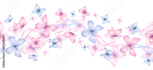 Seamless border with blue and pink butterflies, watercolor