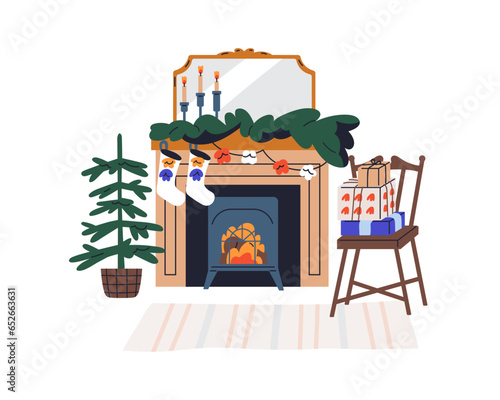 Christmas fireplace decorated with socks, candles for winter holiday. Festive fireside, fire place, fir tree, Xmas ornament in house. Flat graphic vector illustration isolated on white background