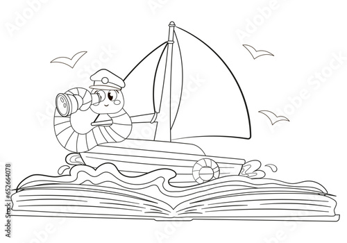 Coloring page with cute bookworm sailing in boat exploring ocean