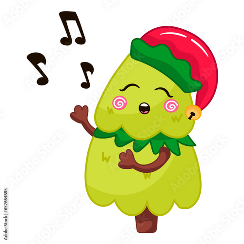 Cute Christmas tree character in elf costume play singing song in cartoon style