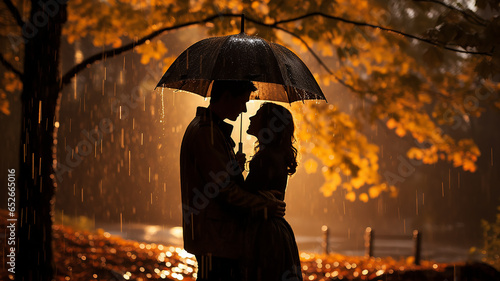 autumn evening in a rainy park lovers with an umbrella, silhouette of a couple on a walk