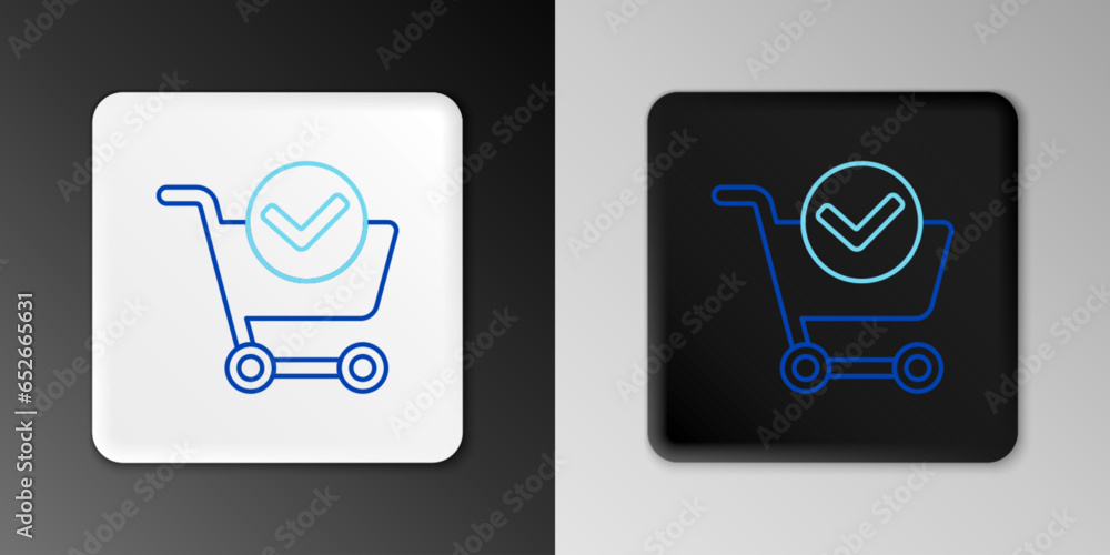 Line Shopping cart with check mark icon isolated on grey background. Supermarket basket with approved, confirm, tick, completed. Colorful outline concept. Vector Line Shopping cart with check mark icon isolated on grey background. Supermarket basket with approved, confirm, tick, completed. Colorful outline concept. Vector