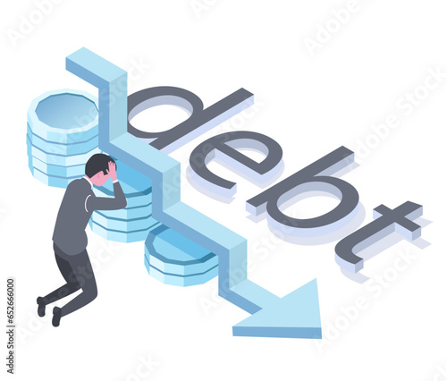 vector isometric illustration of debt and bankruptcy,a man depress for debt