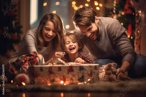 family celebrating christmas  family opening christmas gifts