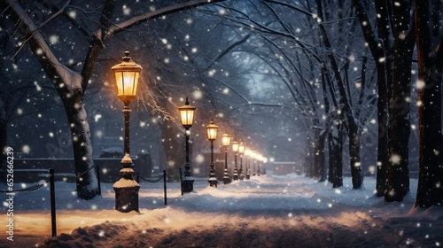 Snow fell under sparkling street lamps, enchanting the world © Abdul