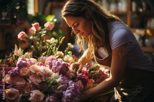 Florist's hands arranging a beautiful bouquet of flowers, Generative AI. © Shooting Star Std