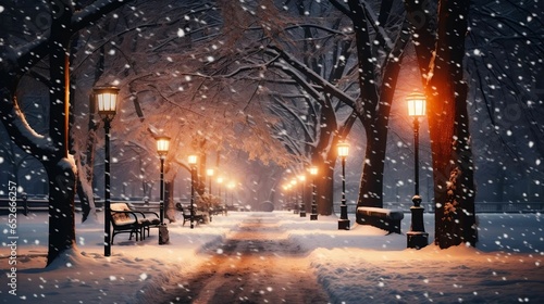 Snow fell under sparkling street lamps, enchanting the world
