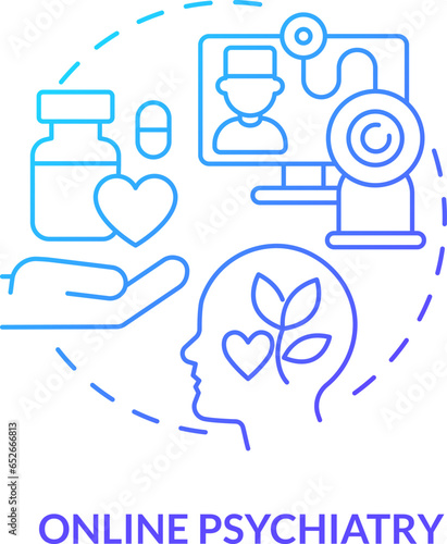 2D online psychiatry thin line gradient icon concept, isolated vector, blue illustration representing online therapy.