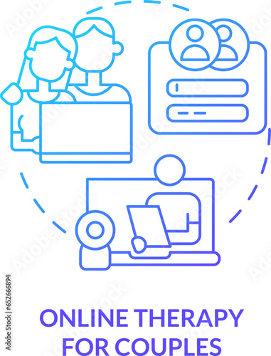 2D online therapy for couples thin line gradient icon concept, isolated vector, blue illustration representing online therapy.