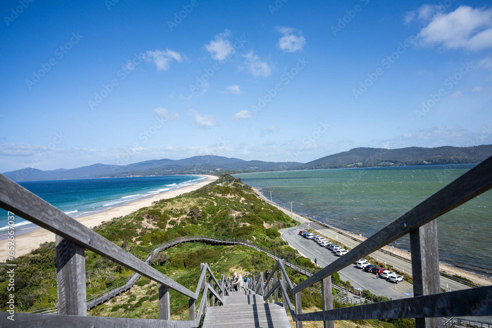 beautiful bruny island at the neck with pink clouds and the ocean below. in tasmania australia