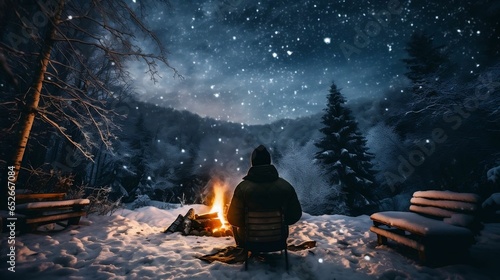 midst snowy forest, man enjoys cocoa by bonfire