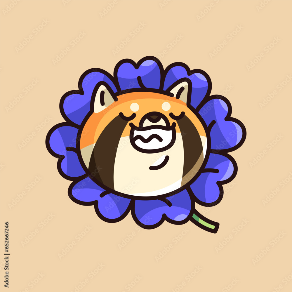 Obraz premium Grinning animal face. Cute fluffy dog smile in flower, funny puppy shiba, satisfied pup muzzle, lovely akita inu. Sticker with positive emotions and expression. Flat isolated vector illustration