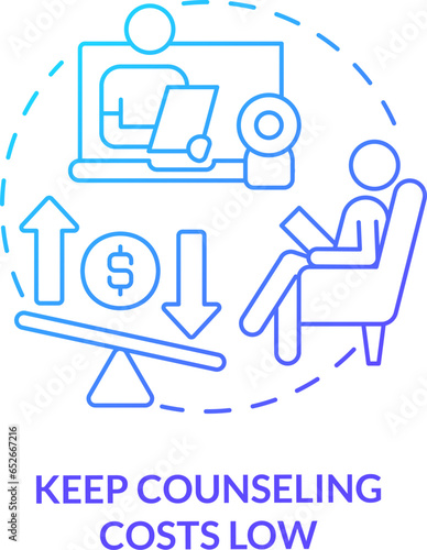 2D keep counseling costs low thin line gradient icon concept, isolated vector, blue illustration representing online therapy.
